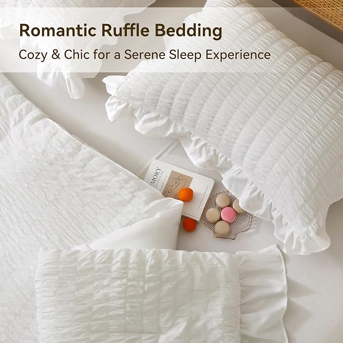 JOLLYVOGUE White Comforter Full Size, 3 Pieces Seersucker Lightweight Full Size Bedding, All Season Fluffy Microfiber Bedding Comforter Set with 1 Ruffle Comforter and 2 Ruffle Pillowshams