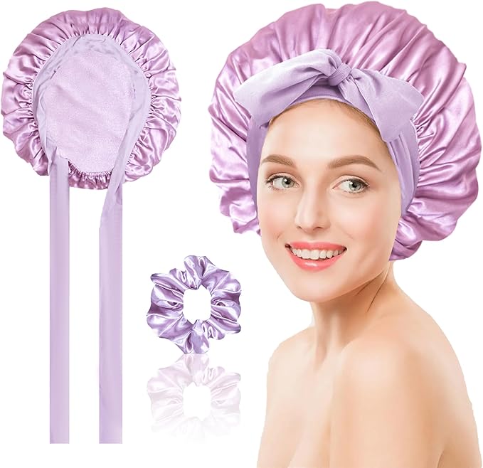 Chloven Mulberry Silk Bonnet for Sleeping Women - Larger Double Layer Silk Hair Wrap Bonnet for Curly Long Hair with Tie Band