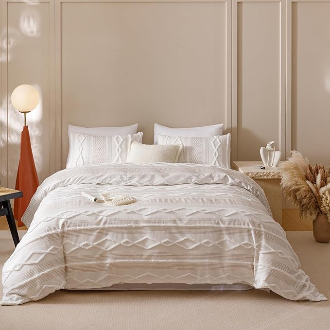 KAREVER Ivory Boho Comforter Set King Mixed Textures Jacquard Bedding Set Durable Chic and Stylish Bedroom Set