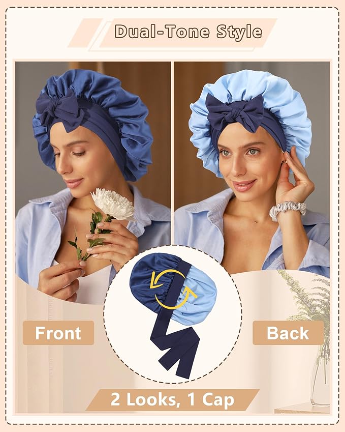 AWAYTR Women Satin Bonnet for Sleeping - Double Layer Silk Hair Bonnet with Elastic Tie Band for Braids Curly Hair