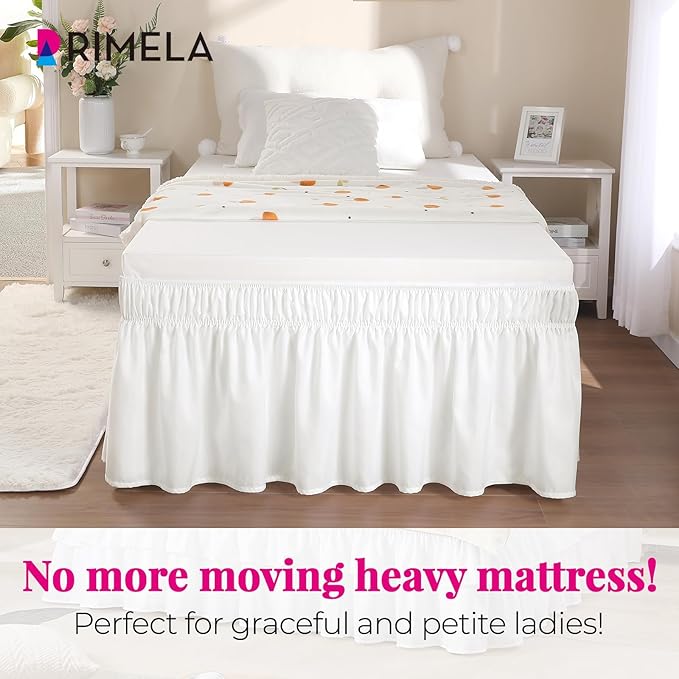 RIMELA White Bed Skirt Full Size 12 Inch Drop, Elastic Bed Skirting for Bed Base and Frame, Bedding Dust Ruffle Easy to Install, Lightweight Wrap Around Adjustable Bedskirt