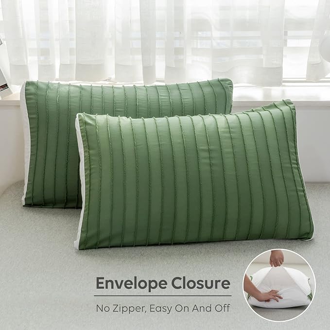 JELLYMONI Duvet Cover Queen Size Green and White - 3PCS Boho Striped Duvet Cover Set Polyester Tufted Bohemian Textured Comforter Cover with Corner Ties & Zipper Closure