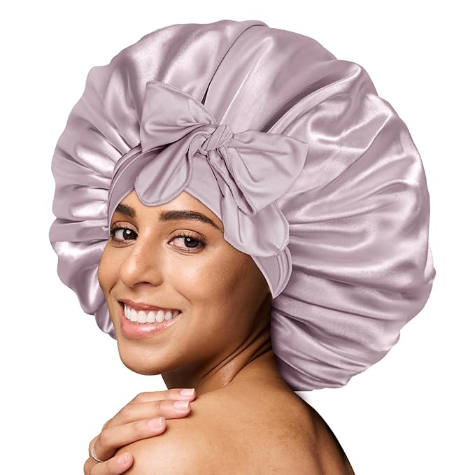 BONNET QUEEN Silk Bonnet for Sleeping Women Big Satin Bonnet Night Sleep Cap Wrap for Curly Hai rwith Adjustable Tie Band, Single Layer, Large, Rose Gold