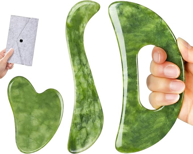 3 in 1 Jade Stone Gua Sha Massage Tool, Large Guasha Muscle Scraper Tools Set with Handle Muscle Scraping Massage Tools Anti Cellulite Spa Acupuncture Tools for Back Neck Leg Lymphatic Drainage