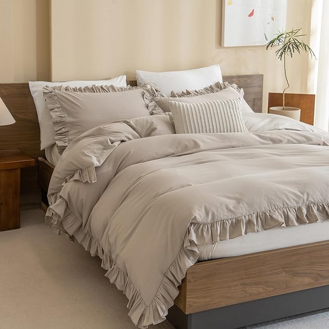 QSH Washed Cotton Queen Duvet Cover Set Ruffle Duvet Cover Linen Textured Farmhouse Shabby Vintage Chic Bedding Comforter Cover 3 PCs Aesthetic French Country Queen Bed Set