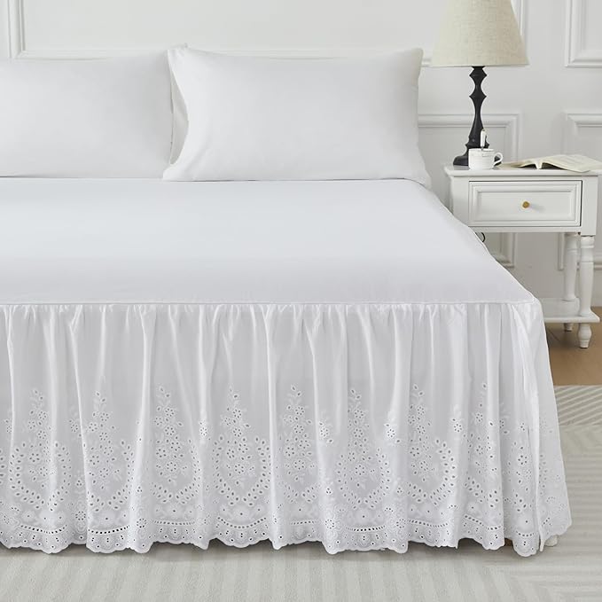 Brandream White Eyelet Bed Skirt Queen Size 100% Cotton Ruffled Dust Ruffle Bed Skirt 18 Inch Drop with Embroidered Floral Design Queen Size Beds