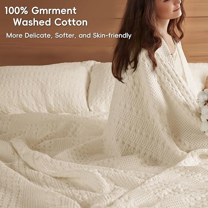 PHF 100% Cotton Waffle Weave Blanket Twin Size for Bed, Soft Lightweight & Breathable, All-Season Comfort, Luxury Aesthetic Woven Bedding for Home Decor, 66"x90", Natural