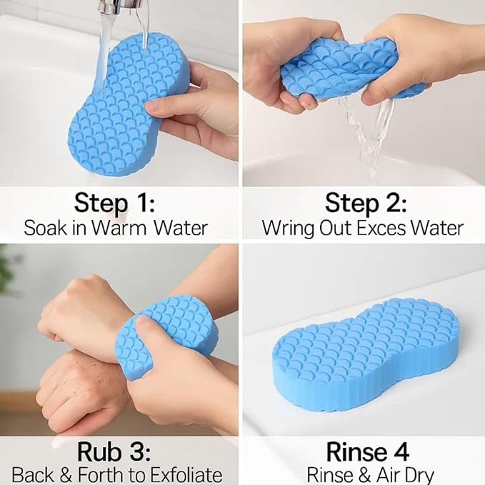 Skin Scrubber Exfoliator - 3D Super Soft Body Scrub Sponge for Dead Skin Removal, Reusable Skin-Friendly Exfoliator Also a Gentle Bath Sponge for Baby, for Adults, Kids & Pregnant Women (2Blue+2pink)
