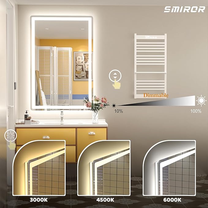 SMIROR LED Bathroom Mirror with Lights 28"x 36", Rounded Rectangle Lighted Vanity Mirror for Wall, Front Lit and Backlit, 3 Colors, Dimmable, Anti-Fog, Tempered Glass (Horizontally/Vertically)