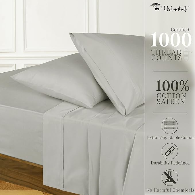 URBANHUT 1000 Thread Count Egyptian Cotton Sheets Twin Size, Breathable Long Staple for Twin Size Bed, 3 Pc Bed Sheet Sets, Luxury Hotel Sateen Sheets Fits 16" Deep Pocket - Silver Grey
