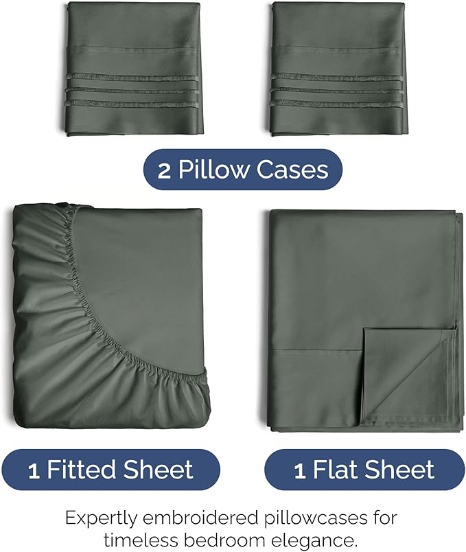 Queen Size 4 Piece Sheet Set - Extra Soft, Breathable & Cooling - Hotel Luxury Durable Bed Sheets - Deep Pockets, Easy-Fit & Wrinkle-Free - Gunmetal Grey Oeko-Tex
