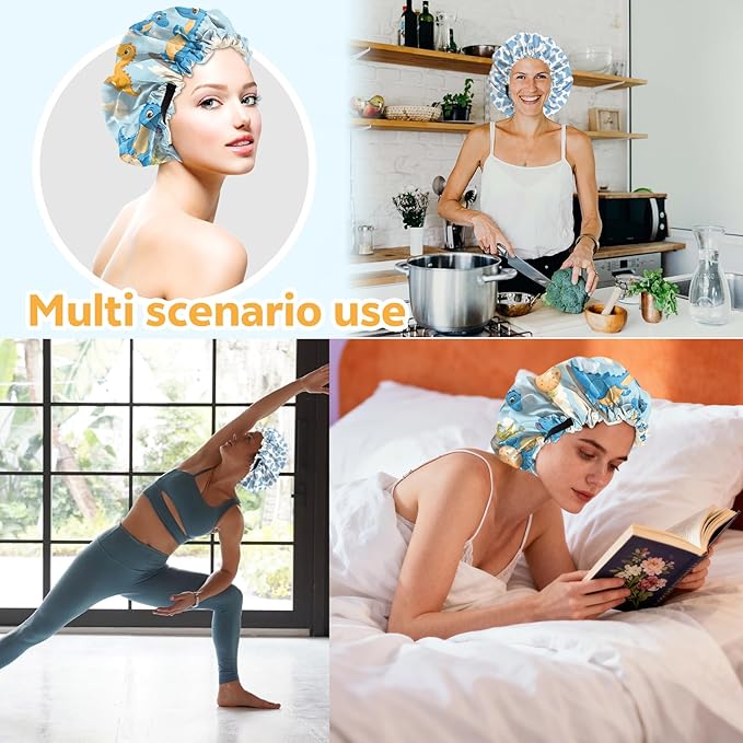 2 PCS Bonnets for Women Girls Satin Hair Bonnet Silk Adjustable Elastic Double Layer Hair Wrap Sleep Cap Comfort Cute-Dinosaur Cow