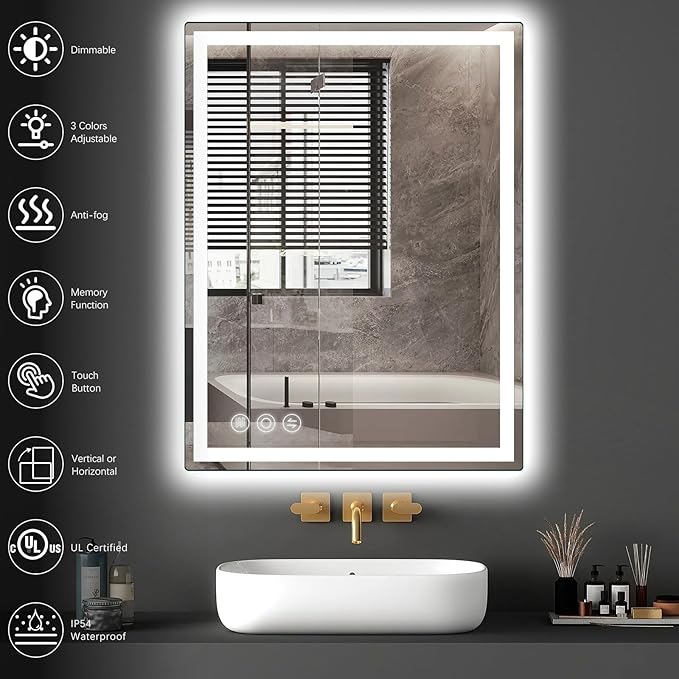 24"x 36" LED Bathroom Mirror with Stepless Dimmable Wall Mirrors with Anti-Fog, Dimmable CRI>90, Vanity Mirror with 3 Color Modes, Shatter-Proof, Memory Bathroom Mirror with LED Lights