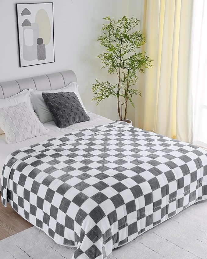 Uttermara Weighted Blanket Queen Size(15lbs, 60" x 80", Plaid Grey), Double Side Premium Soft Flannel Fleece Weighted Throw Blanket, Reversible Checkerboard Print Heavy Blanket for Adults Couch Bed