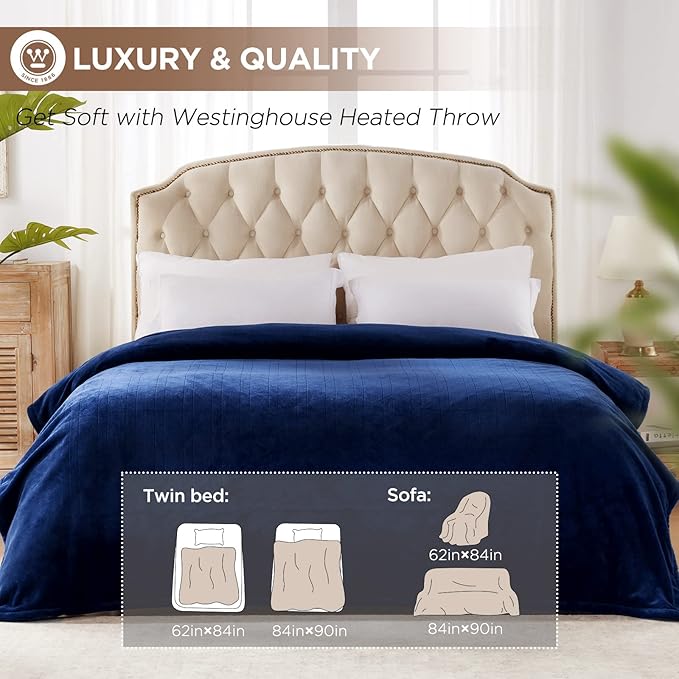 Westinghouse Heated Blanket King Size, Electric Heating Blanket with 10 Heating Levels, 1-12 Hours Auto Shut Off, Fast Heating Warming Blanket, Machine Washable (King,100x90 Inches,Navy Blue)
