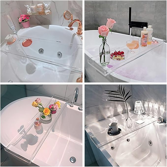 Acrylic Bathtub Tray Bath Caddy for Tub, Clear Bath Tray with Soap Box, 32.3 x 7.87 x 1.18 Inches
