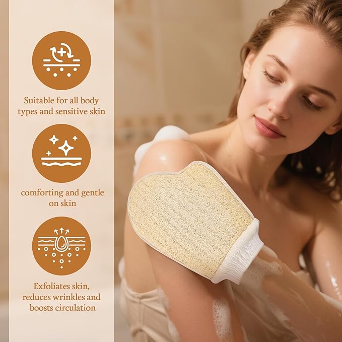 Natural Loofah Exfoliating Mitts, 100% Plant-Based Loofah Sponge for Women and Men,Dye-Free,for face and Body-2 Count