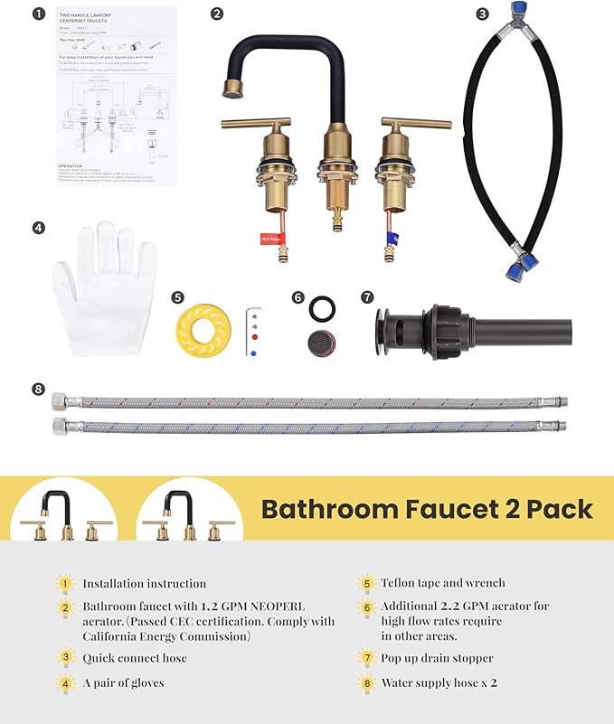 Black and Gold Bathroom Faucet: WOWOW Widespread Bathroom Sink Faucet 3 Hole with Pop-up Drain and Supply Lines, 8 Inch Vanity Taps 3 Pieces Basin Tap 2 Handle Modern (2 Pack)