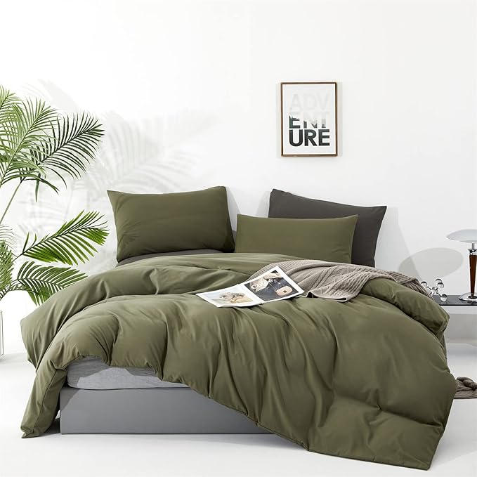 Cottonight Olive Green Bedding Set - Queen Size, Army Green Comforter, Blanket & Quilts - Modern, Soft, Breathable - 3 Piece Set for Women & Men