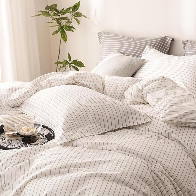 Stripe Duvet Cover Super King Plus Size 120inch x 120inch,100% Washed Cotton Linen Feel Duvet Cover with Zipper Closure and 2 Pillowcases, Color of Off White-Linen Grey Stripe