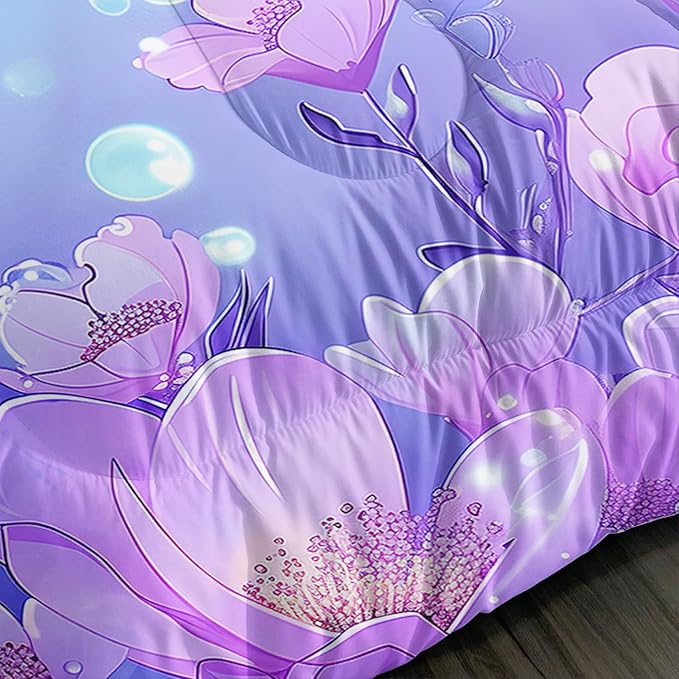 Pretty Mermaid Comforter King for Girls Kids, Mermaid Fish Scale Floral Pattern Bedding for Girls Bedroom Decor, Ocean Themed Comforter Bedding Set with 2 Pillowcases