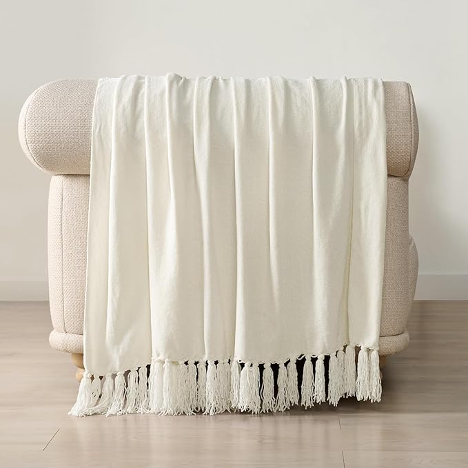 EverGrace Soft Chenille Throw Blanket for Couch, Cozy Plush Fuzzy Decorative Chenille Knit Throw Blanket with Tassels, Lightweight Blanket and Throws for Bed Sofa Gift Home Decor, Ivory White 50"x60"