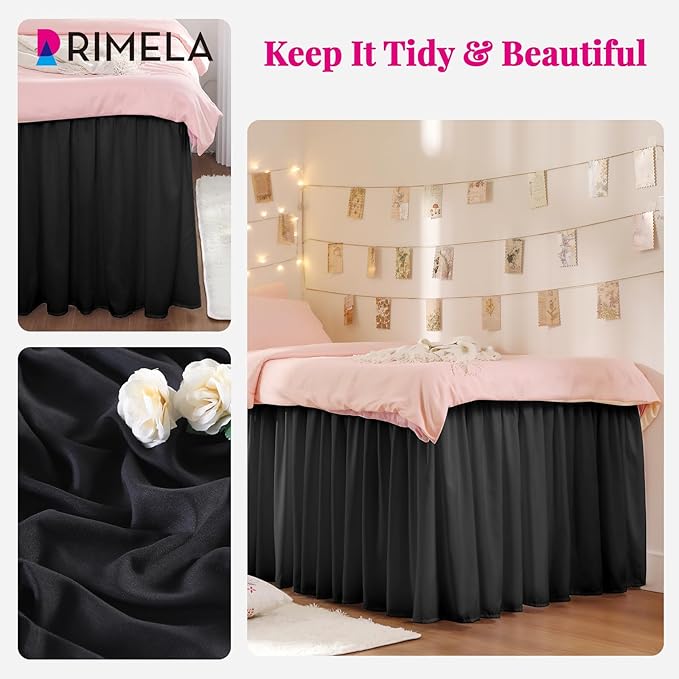 RIMELA Dorm Bed Skirt Twin XL 25 Inch Drop, Extra Long Wrap Around Elastic Bed Skirts Easy to Put On Twin Size Dust Ruffle, Black Bedskirt for Adjustable Bed Base Solid Silky Fabric Machine Washable
