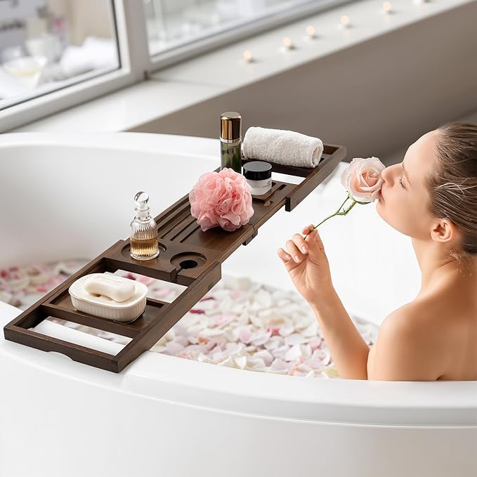 Teak Bathtub Tray Expandable Bathroom Tray for Home Spa Relaxation, Wooden Tray Caddy for Bathtub, Teak Bathtub Caddy as Unique Housewarming, Birthday, Wedding Shower Gifts (Walnut Teak)