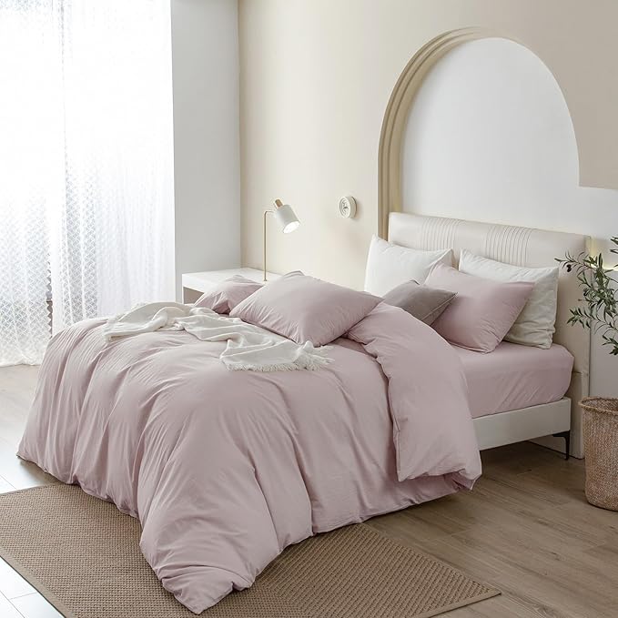 JIYUAN 100% Washed Cotton Duvet Cover Set 3 Pieces Full, 1 Duvet Cover 80x90 Inches (Comforter Not Included) and 2 Pillowcases,Linen Feel Bedding Set Comfy and Breathable, Heathered Greyish Pink