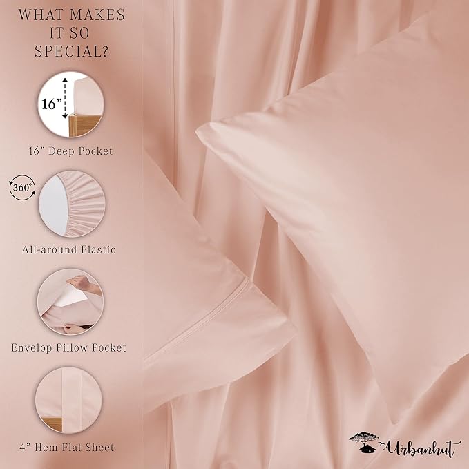 URBANHUT Queen Size Sheets 100% Pure Cotton, 1000 Thread Count 4 Pc Bed Sheet Sets, Soft & Breathable, Luxury Hotel Sheets Fits 16" Elasticized Deep Pocket, Sateen Weave, Solid - Blush Pink