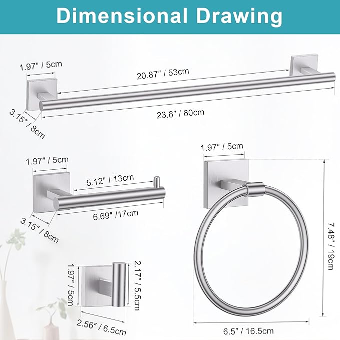 Brushed Nickel Toilet Paper Holder Towel Bar Set, 5 Pieces Bathroom Hardware Accessories Set, 23.6 Inch Stainless Steel Towel Racks for Bathroom Wall Mounted