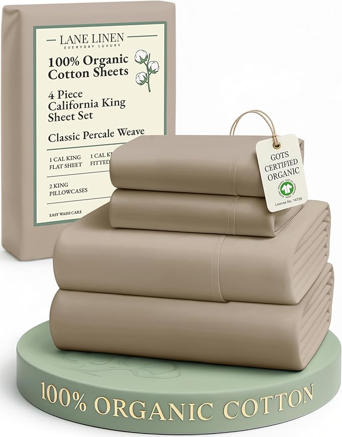 LANE LINEN 100% Organic Cotton California King Sheets Set, 4-Piece Organic Cotton Percale Weave Ultra Soft & Comfy Machine Washable Mercerized Bed Sheets, Fits Mattress Upto 15" Deep - Taupe
