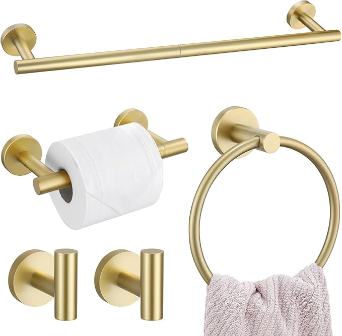 5 Pieces Brushed Gold Towel Bar Set, Upgraded Round Bathroom Hardware Accessories Set, Toilet Paper Holder Towel Holder Set for Bathroom Stainless Steel Wall Mounted 23.6Inch
