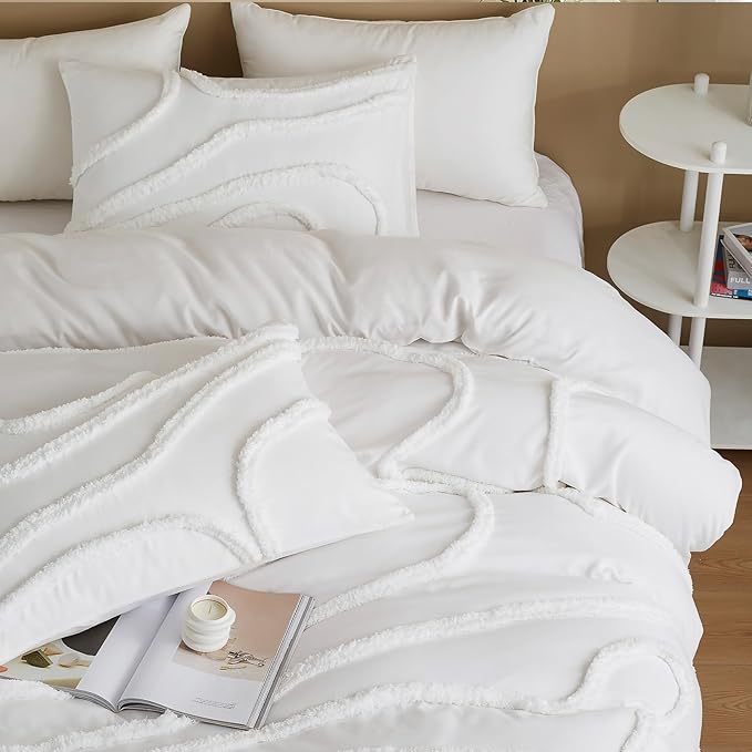 Cupocupa Queen Comforter Set Beige Tufted Comforters Sets Bedding for Queen Bed 3PCS Boho Comforter Soft Fluffy Lightweight Comforter with 2 Pillow Cases for All Season