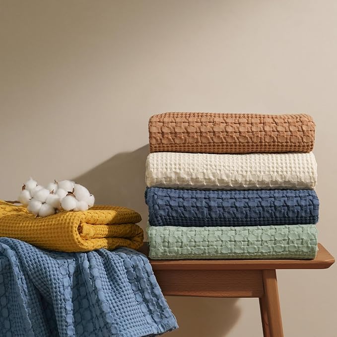 PHF 100% Cotton Waffle Weave Blanket Twin Size for Bed, Soft Lightweight & Breathable, All-Season Comfort, Luxury Aesthetic Woven Bedding for Home Decor, 66"x90", Clay