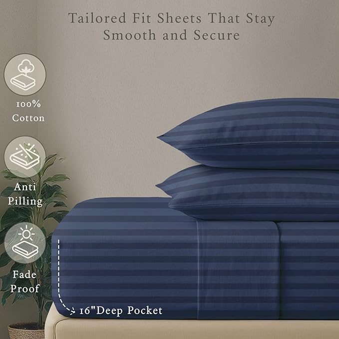 Threadmill 500 Thread Count King Size Damask Stripe, 4 Pc Luxury Cotton Bed Sheet Set, Breathable Folkstone Blue Sheets with 16" Elasticized Deep Pocket, 2 Pillowcases & Free Tote Bag