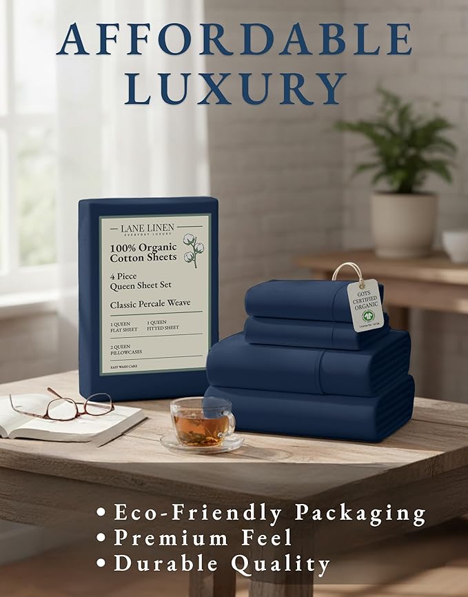 LANE LINEN Eco Friendly 100% Organic Cotton Bed Sheets Queen Size, Soft & Comfy Percale Weave, Fully Elasticized Mercerized Naturally Cooling Cotton Sheets Queen Size Set- Navy