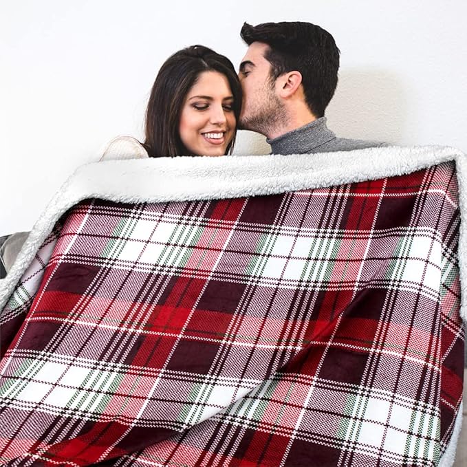 PAVILIA Christmas Plaid Blanket | Sherpa Fleece Flannel Throw Blanket | Christmas Plaid Warm Plush Microfiber Blanket for Couch Sofa | 60x80 Inches