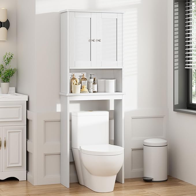 Meilocar Over The Toilet Storage Cabinet, Bathroom Storage Cabinet Over Toilet, Space Saver W/Adjustable Shelf & Open Shelf, White