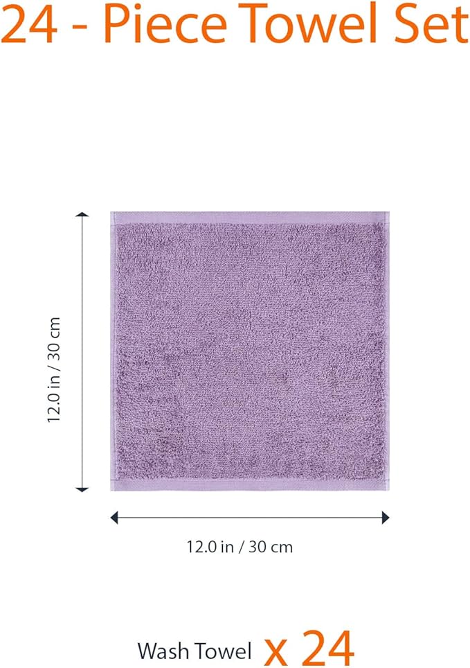 Amazon Basics face Towels for bathroom, 100% Cotton Extra Absorbent washcloth, Fast Drying - salon towel - 24 Pack Lavender (12 x 12 inches)