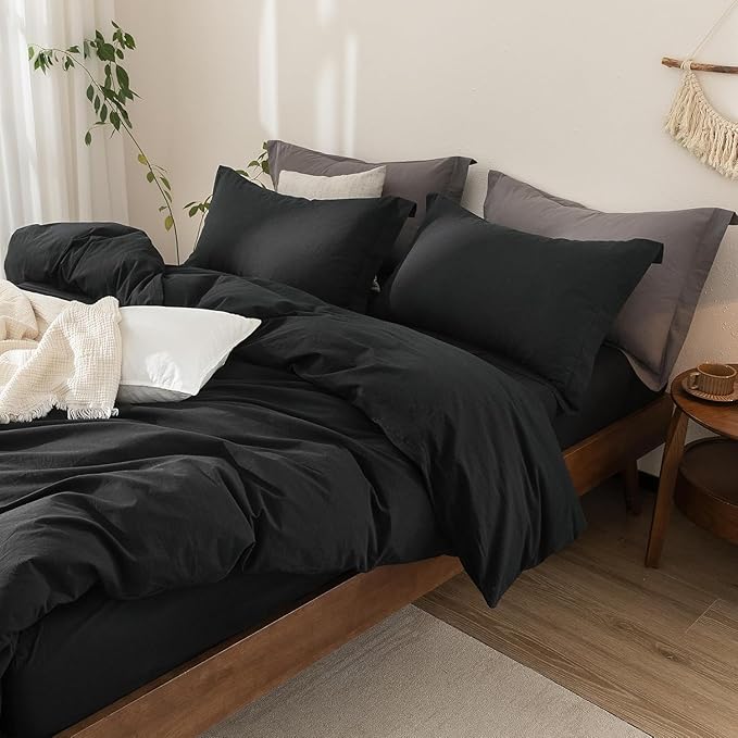 Black Duvet Cover Oversize Queen Size 100% Washed Cotton Bedding Set Cover 1 Duvet Cover with Zipper Closure and 2 Pillowcases, 98inch x 98inch