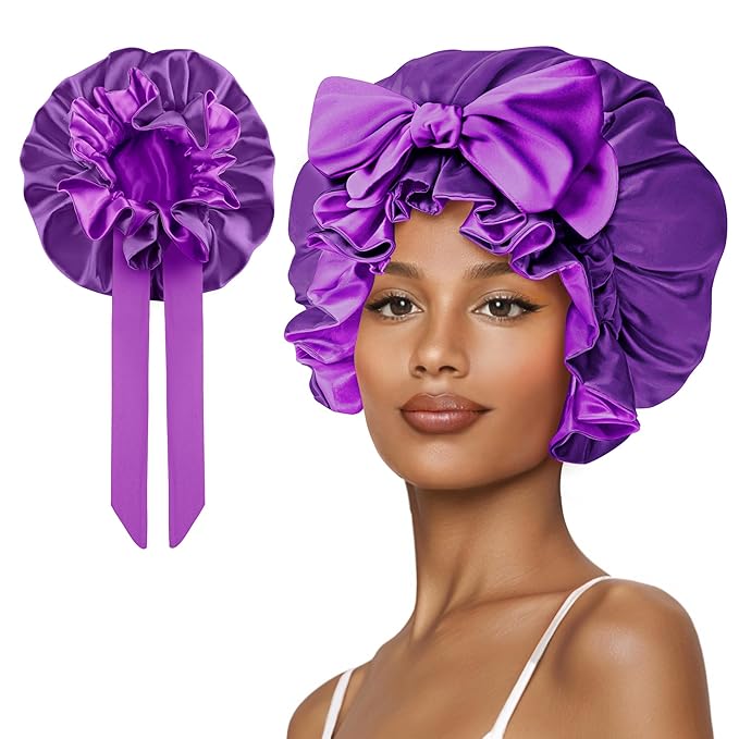 Cute Adjustable Silk Bonnet for Sleeping Double Layer Satin Cap Hair Sleep Bonnet for Curly Hair Purple