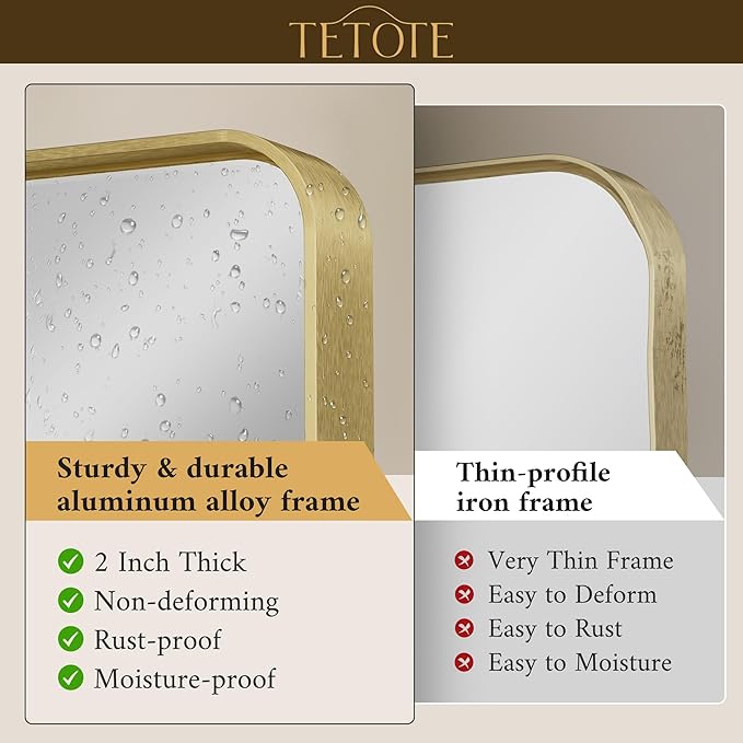 TETOTE Brushed Gold Bathroom Mirror, 40 x 24 Inch Metal Framed Mirror, Brushed Brass Rectangle Wall Mounted Golden Vanity Mirror (Horizontal/Vertical)