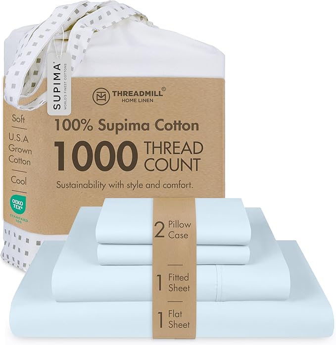 Threadmill California King Sheets, Certified American Supima Cotton Sheets, 1000 Thread Count Hotel Quality Sheet, 4 Piece Luxury Bed Sheet Set with Elasticized Extra Deep Pocket, Light Blue