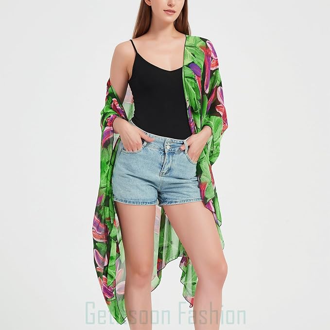 Women's Bohemian Floral Chiffon Beach Cover up Swimsuit Kimono Summer Swimwear Cardigans