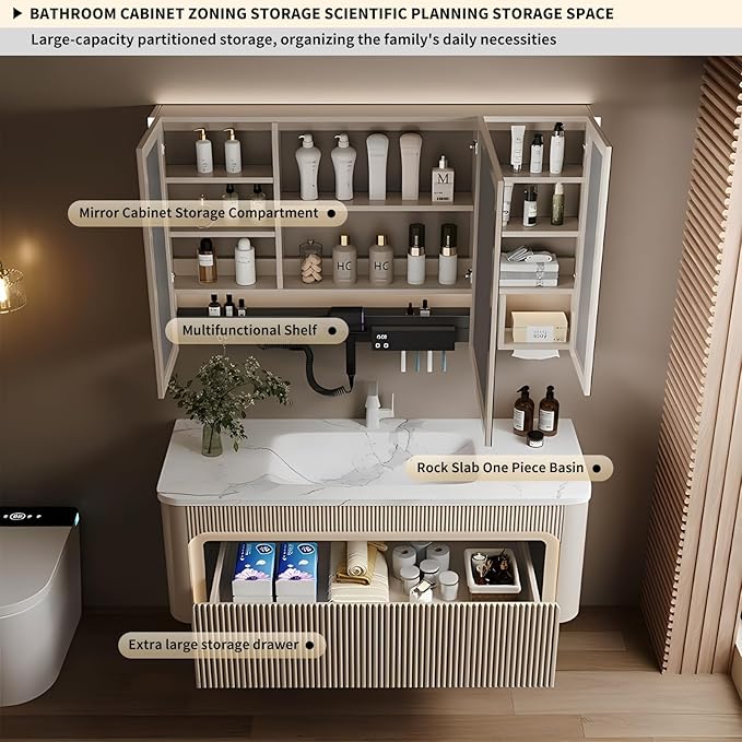 44” Bathroom Vanity Set, Floating Bathroom Vanities with Single Sink, Smart Defog Mirror Cabinet and LED Strip Light, Oak Wood Elegant Bathroom Cabinet with Storage Space (Milk Coffee)