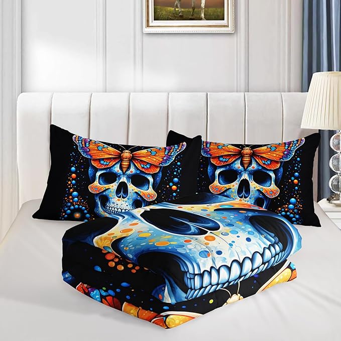 Gothic Skull Comforter Set Full Size - Blue Orange Granular Ball Butterfly Printed Bedding With 2 Pillowcases - Halloween Horror Themed for Kids