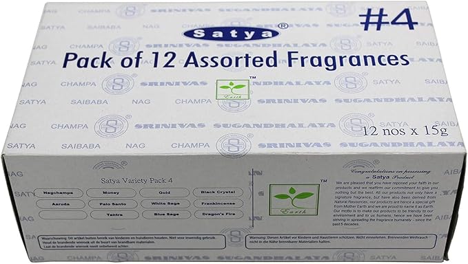 Satya Bangalore (BNG) Set of 12 Nag Champa Money Gold Black Crystal Aaruda Palo Santo White Sage Frank Tantra Blue Sage Dragon's Fire, VarietyPack04