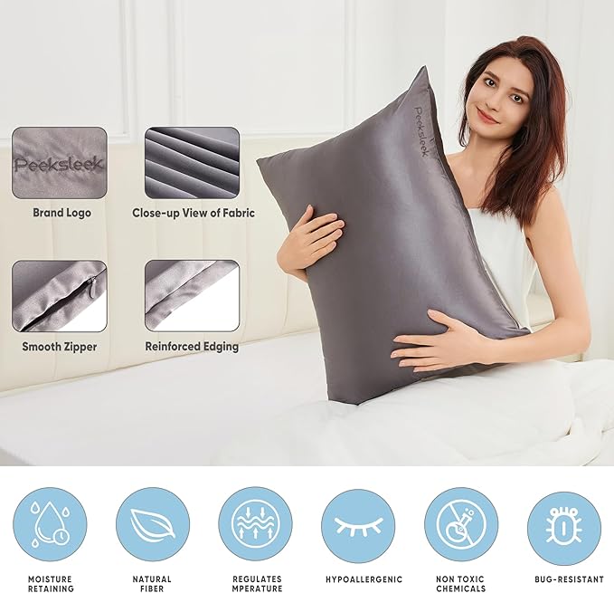 100% Mulberry Silk Pillowcases with Zipper– Luxurious, Anti-Aging Pillow Covers, 22 Momme 6A Grade Silk Pillow Cases 2 Pack for Hair and Skin Care (Dark Grey, Queen (U.S. Standard))