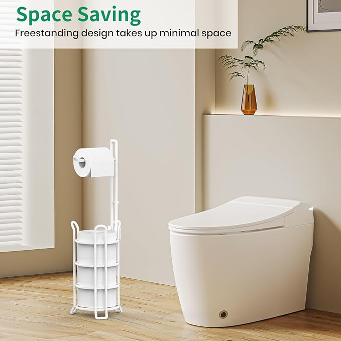 TomCare Toilet Paper Holder Toilet Paper Stand and Dispenser for 4 Mega Rolls Metal Wire Free Standing Toilet Tissue Paper Roll Storage Shelf Bathroom Accessories Storage Organizer White